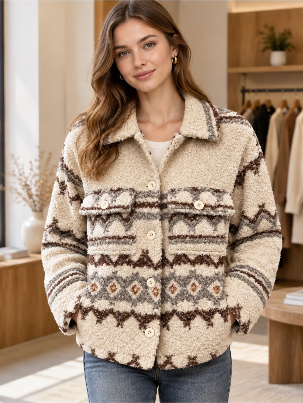 Frye Women’s Cream Patterned Comfort Sherpa Winter Jacket
